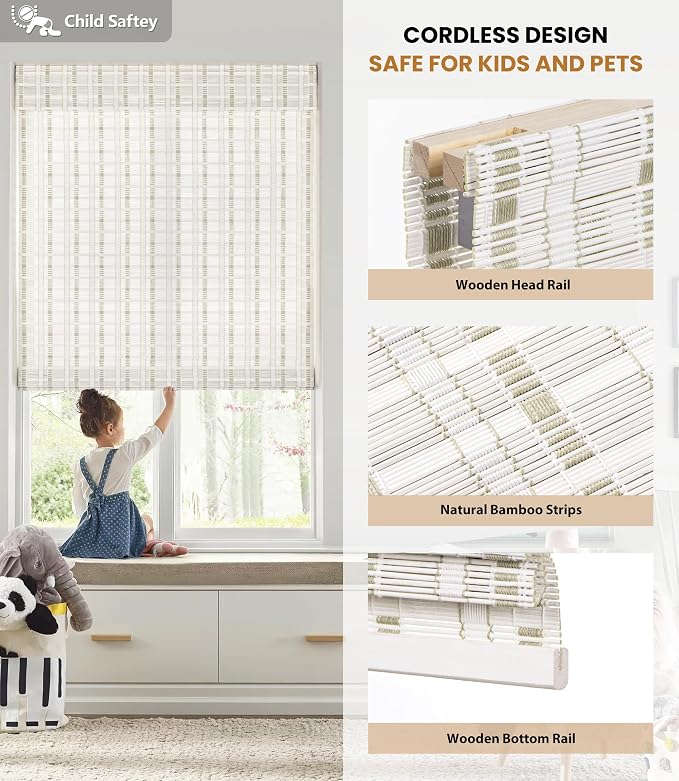 LazBlinds No Drill Bamboo Roman Shades, 27x64, Whitewash B | Light Filtering Window Treatment, No Tools Cordless Roll Up Bamboo Blinds for Window