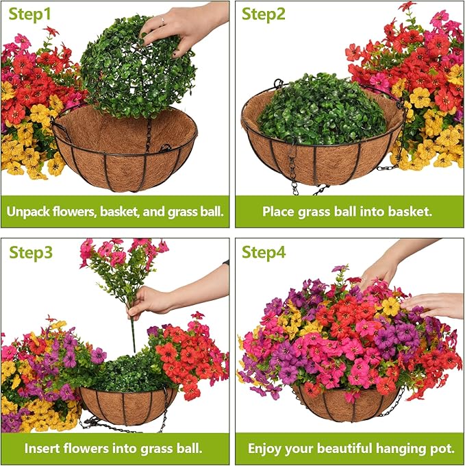 2 Set Artificial Hanging Flowers with Basket for Outdoor Spring Summer Decor - 24 Pcs Realistic UV-Resistant Silk Daisy Hanging Plants for Garden Porch Patio Balcony Yard Home Decoration
