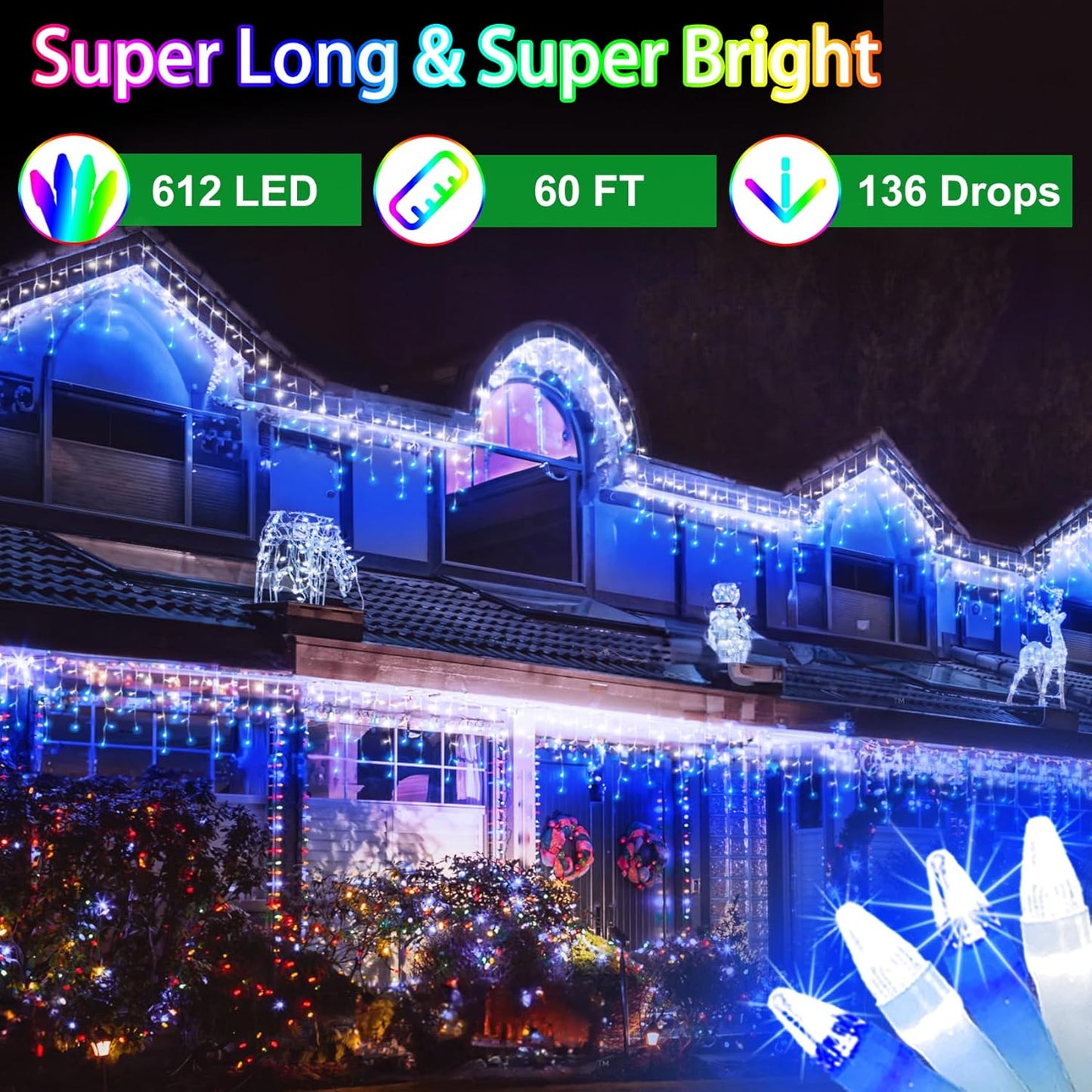 60FT 612 LED Outdoor Christmas Lights - 136 Ice Drops, 12 Pro Modes with Timer Memory & Brightness, Waterproof Hanging Ice String Light for Holiday Wedding Garden Fence House Decor (Blue & White)