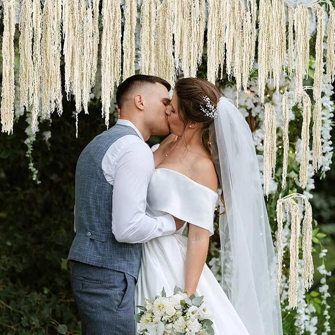 Suncalla 24 Pcs White Spring Natural Dried Amaranthus Hanging Flowers Amaranthus Artificial Flowers for Wedding Arch Bouquet Floral Garland Wall Home Decoration (23 Inch)