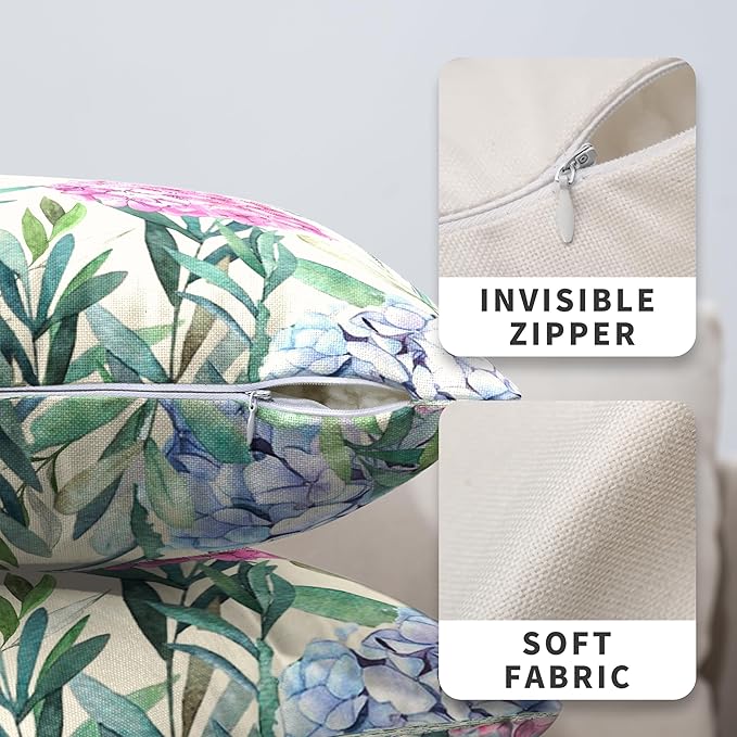 Pack of 2 Hydrangea Pillow Covers 22x22 Spring Summer Flower Pillows Decorative Throw Pillows Cover for Living Room Outdoor Patio Sofa Floral Butterflies Pillow Case