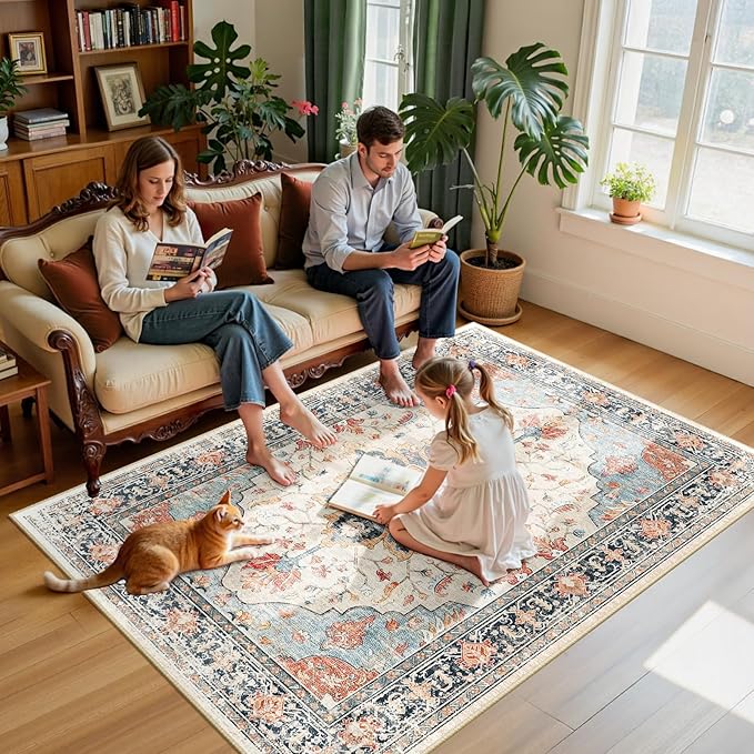 RELEANY Area Rugs 5'x7' Washable Non-Slip, Floral Vintage Distress Print Pattern Medallion Carpet for Living Room Bedroom Dining Room, Beige Navy Blue Orange Colorful