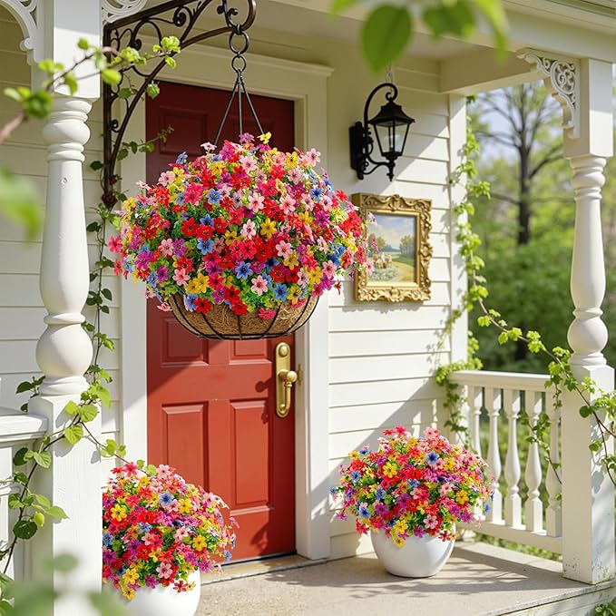 SHareconn 24 Bundles Artificial Flowers for Outdoors Spring Decoration, Fake Silk Realistic Faux Plants UV Resistant for Outside Planter Porch Patio Summer Indoor Decor, RedRosePurpleYellowPinkBlue