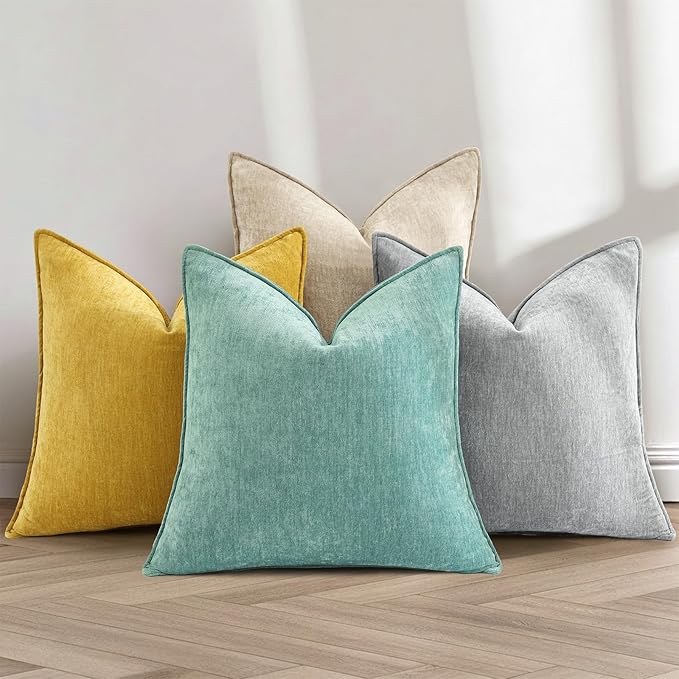 decorUhome Summer Couch Throw Pillow Covers 16x16 Set of 2, Decorative Soft Velvet Modern Cozy Chenille Pillow Cases with Elegant Design for Sofa Bed Living Room Home Decor, Mineral Yellow
