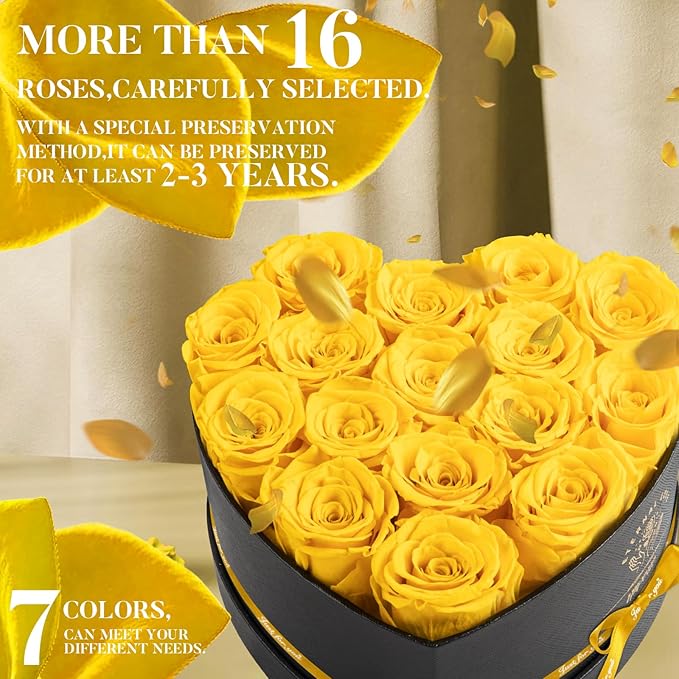 Impouo 16 pcs Preserved Flowers Rose in a Heart Shape Box,Preserved Flowers,Gifts for Women,Mothers' Day,Valentine's Day or Valentine’s Day,Yellow
