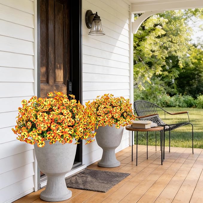 24 Pcs Artificial Fake Pansy Flowers for Outdoor,Faux Silk Plants Flowers UV Resistant Pansies Spring Flowers for Planter Front Door Porch Yard Patio garden Window Box Home Decor(Orange Yellow)