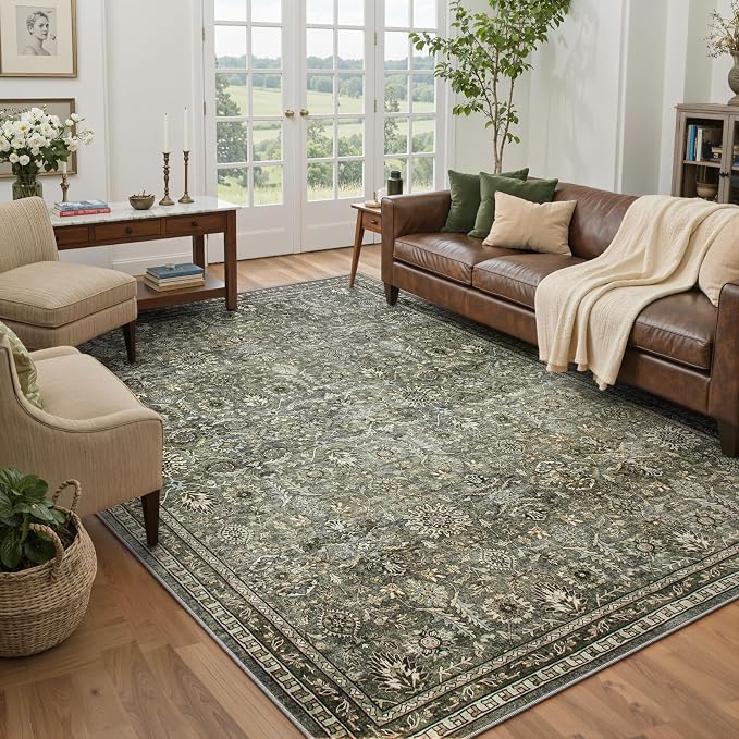 Lahome Olive Green Area Rugs 9x12 Living Room, Moody Floral Washable Rug | Boho Bedroom Carpet Soft Stain Resistant Non Shedding Thin Carpet for Dining Room