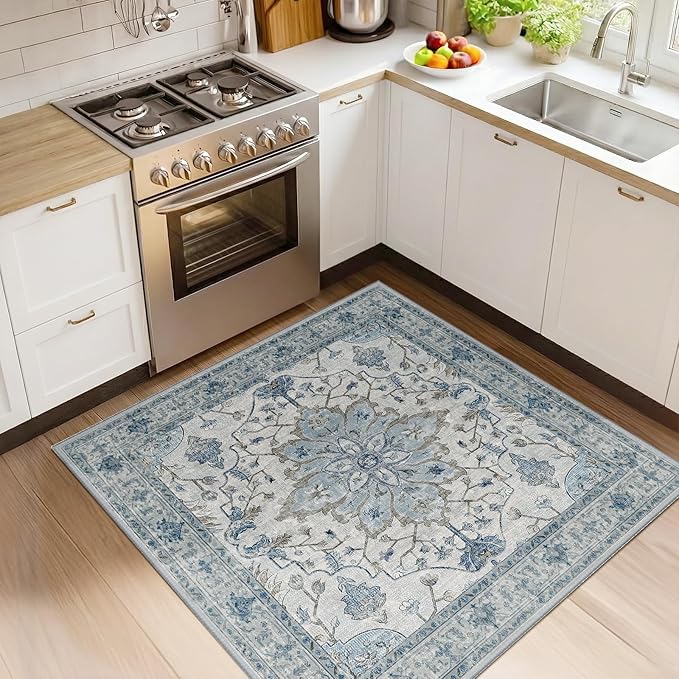 RELEANY Area Rugs Square 4ft Washable Non-Slip, Floral Vintage Distress Print Pattern Medallion Carpet for Living Room Bedroom Dining Room, Light Blue Navy Beige Gray White