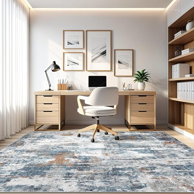 5x7 Area Rugs Living Room: Washable Large Abstract Neutral Modern Soft Rug Stain Resistant Indoor Floor Non-Slip Accent Carpet for Bedroom Nursery Playroom Dining Room Office Dorm Home- Rust Cyan