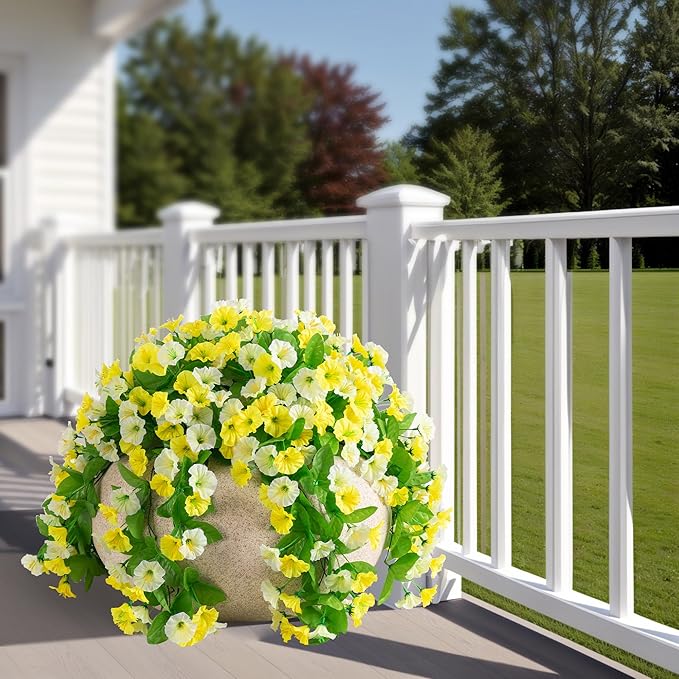 INXUGAO Artificial Flowers with Hanging Basket, Outdoor Faux Plants Silk Morning Glory Vines, Fake Green Arrangement for Garden Patio Spring Summer Decor(4pcs,Yellow White)