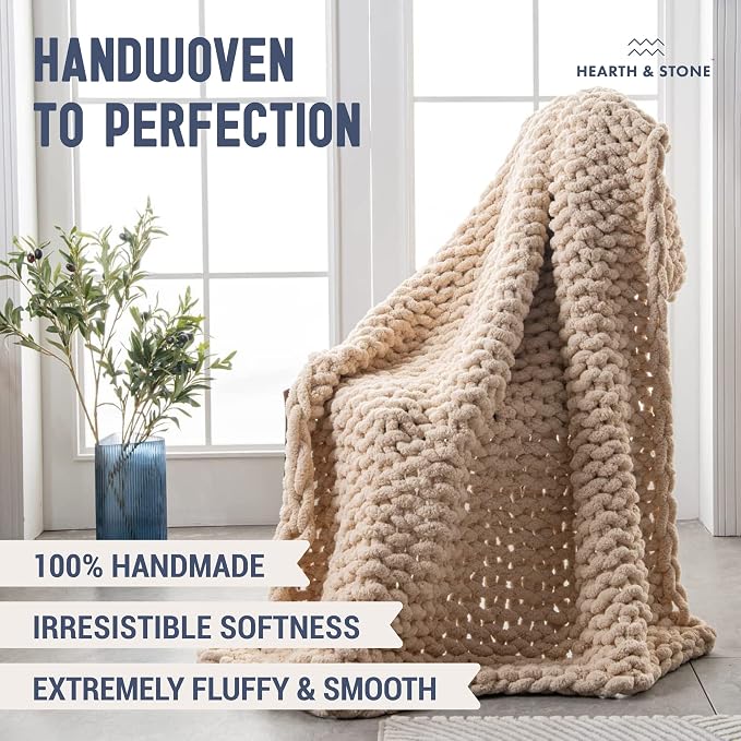 Chunky Knit Blanket Throw - 50"x60" 3.7 lbs. - Soft Chenille Yarn Knitted Blanket - Machine Washable Crochet Blanket - Handmade Cable Knit Throw Blanket for Couch, Bed (Oat White) | Handmade chunky knit throw blanket in oat white â€“ soft chenille yarn...