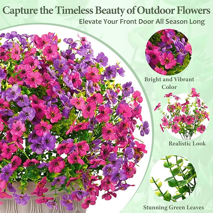 Yastouay 12 Bundles Artificial Flowers for Outdoors, UV Resistant Artificial Outdoor Flowers No Fade Fake Outdoor Flowers Plants for Garden Porch Window Box Pot Planters Decor (Fuchsia+Rose Red)