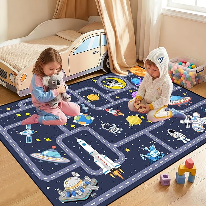 Outer Space Rug for Boys Room 2.5x4 Feet, Non-Slip Kids Rug with Roads and Tracks, Solar System Planet Play Mat, Galaxy Area Rug for Bedroom, Playroom, Educational Floor Carpet