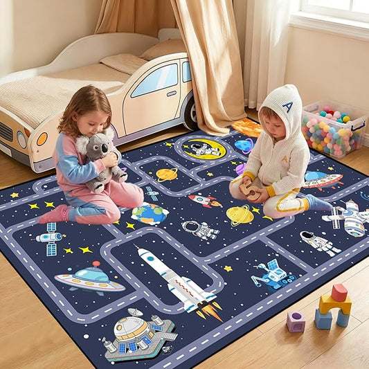 Outer Space Rug for Boys Room 2.5x4 Feet, Non-Slip Kids Rug with Roads and Tracks, Solar System Planet Play Mat, Galaxy Area Rug for Bedroom, Playroom, Educational Floor Carpet