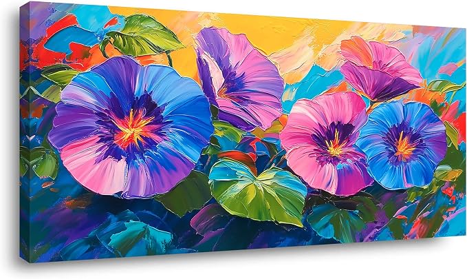 Ggaafet Blue Purple Flowers Wall Art for Living Room Canvas Oil Painting Prints Beautiful Morning Glory Floral Blooming Art Deco Vibrant Artwork Office Bedroom Family Dining Room Decor Large