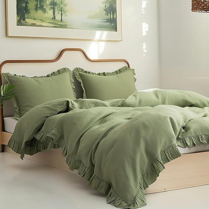 Simple&Opulence 100% Linen Duvet Cover Set, 3 PCS Natural French Flax Sage Green Ruffle Duvet Cover Full Size, Breathable Comfy Linen Bedding Comforter Cover with 2 Pillowcases (Sage Green, 78" X 86")