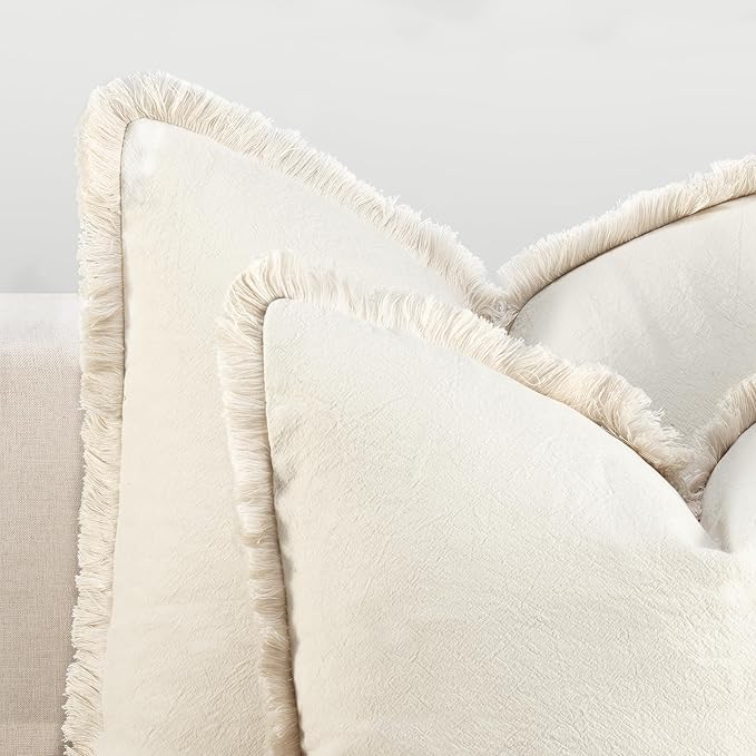 ZWJD Pillow Covers 26x26 Set of 2 Throw Pillow Covers with Fringe Chic Cotton Euro Shams Square Cushion Covers for Couch Sofa Bed Living Room Farmhouse Boho Decor, Beige