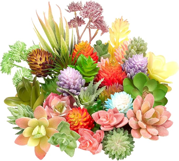 Jutom 32 Pieces Mini Artificial Succulents Unpotted Realistic Artificial Fake Plants Colorful Faux Succulents Small Cactus Plants for Garden Flower Kitchen Home Decor