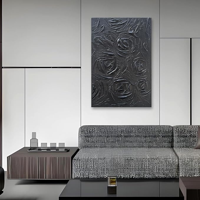 NANKAI Art Hand-Painted Black Rose Texture Abstract Art Oil Painting, Modern Style Abstract Wall Decoration, Three-Dimensional Simple Black Flower Texture Relief, Vertical Painting 36x24 inches