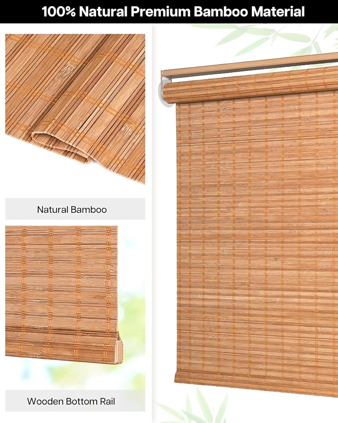 LazBlinds Cordless Bamboo Roller Shades, 71" W x 70" H, Squirrel | Natural Light Filtering Bamboo Window Blinds, Bamboo Roll Up Shades for Bedroom Living Room Office Indoor