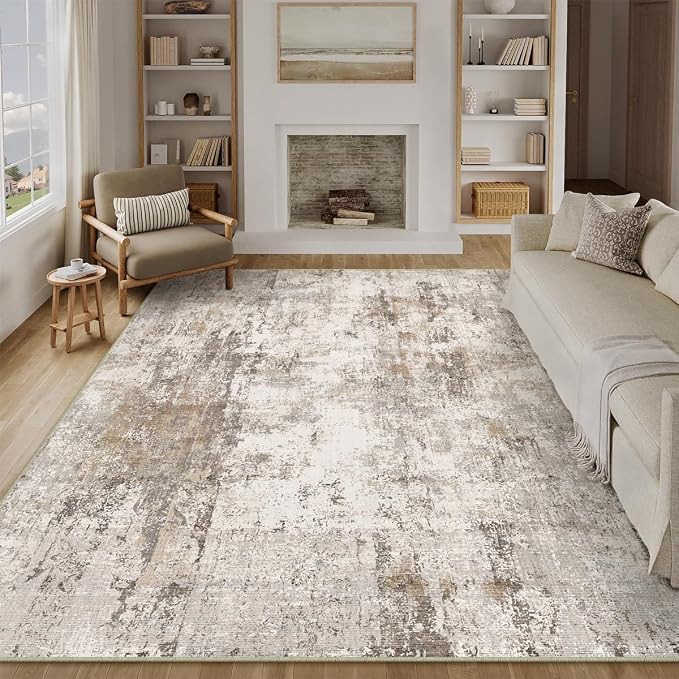 10x12 Washable Area Rug Brown Grey Abstract Non Slip Soft Low Pile Rug for Living Room Bedroom Dining Room Office Neutral Modern Indoor Large Throw Carpet for Home Decor