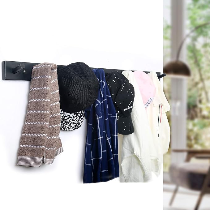 WEBI Coat Rack Wall Mounted,10 Hooks,38" Long Coat Hanger Wall Mount,Bamboo Peg Rail Hat Rack for Wall,Caps,Jacket,Clothes,Black