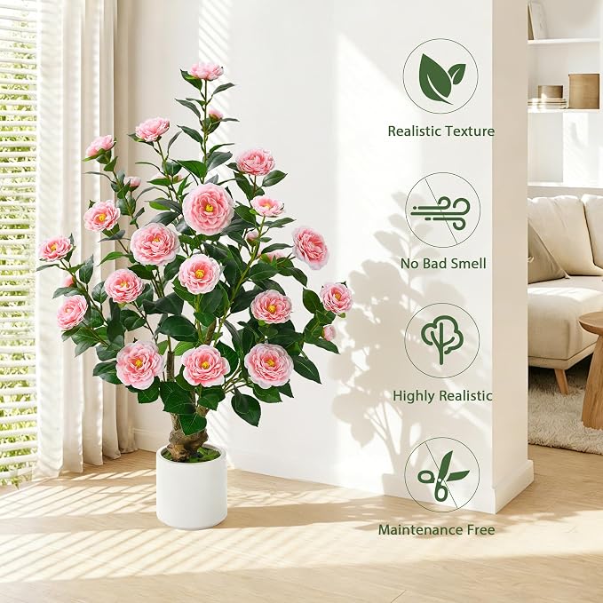 2 Pack 38" Artificial Camellia Tree, Artificial Plants Outdoor Faux Plants in Pot, Artificial Flower for Outdoors Front Porch Decor, Fake Tree Plant Faux Flowers for Indoor Outdoor Home Decor, Pink