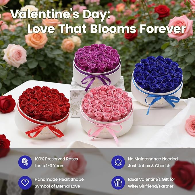 Valentines Day Flowers Roses Gifts for Her,28pcs BlueForever Preserved Roses in Round Gift Box,Valentines Day Delivery Prime Gifts-Roses Gifts for Women,Mom.