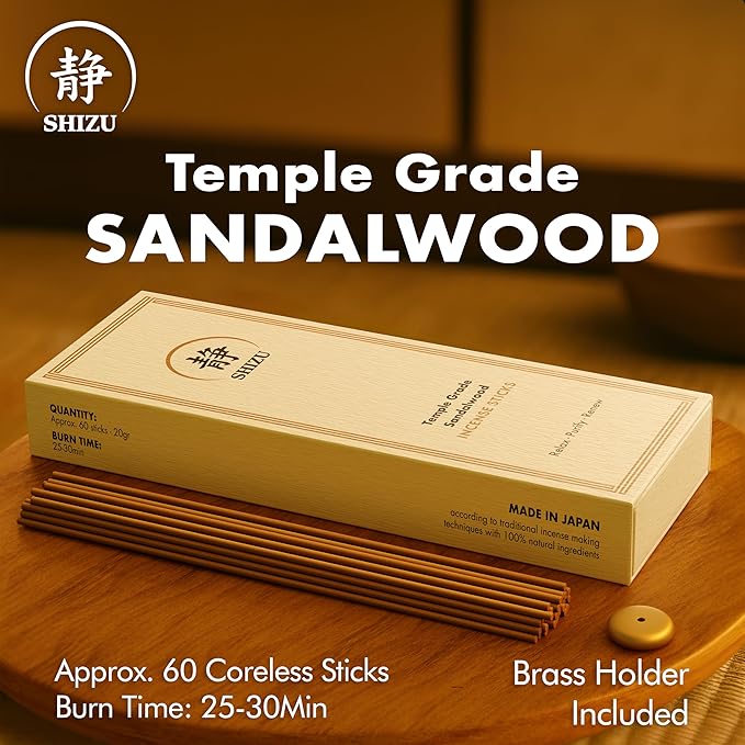 Shizu Sandalwood Incense Sticks – Artisanal Temple Grade Japanese Incense with Brass Holder – Calming Scent for Relaxation, Meditation & Home Spa, Elegant Gift Set (60 Sticks)