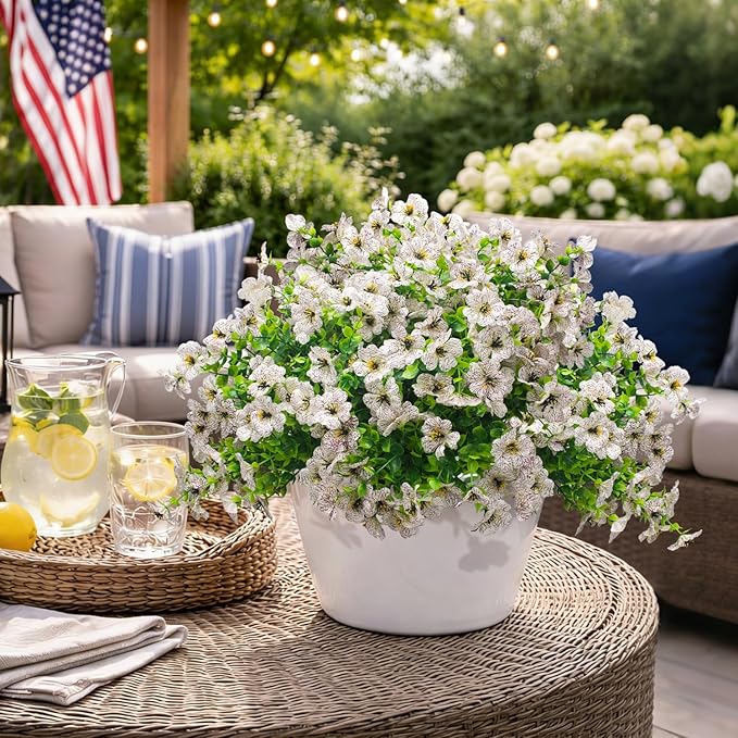 Grunyia 20 Bundles Artificial Flowers for Outdoors, UV Resistant Fake Plants Flowers Greenery Shrubs Plants for Decoration Outside Plants Hanging Planter Home Garden Decor (White)