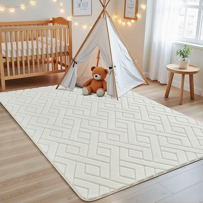 Macgace Ultra Soft Cream White Area Rug for Bedroom, 4x6 Modern Geometric Shag Rugs with Nonslip Backing for Living Room, Washable Fuzzy Carpet for Cozy Kids Room Nursery