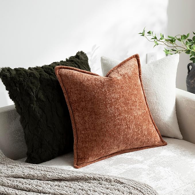 DEZENE Pack of 2 Burnt Orange Fall Decorative Throw Pillow Covers 16x16 Cozy Soft Chenille Accent Vintage Square Couch Pillow Covers for Home Decor Bed Sofa Living Room