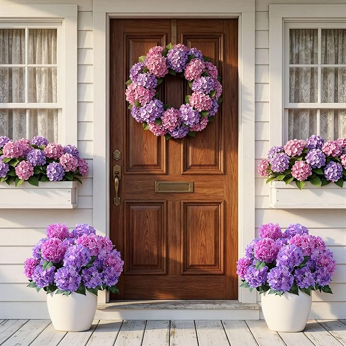 Ivydale Artificial Flowers for Outdoors, 4 PCS Purple Fuchsia Fake Silk Hydrangea Flower Stems for Bouquets UV Resistant Realistic Faux Plants Home Outdoor Wedding Party Centerpieces Decor