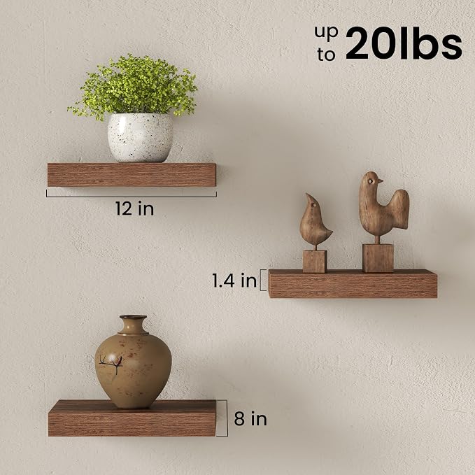 Fun Memories 12 Inch Floating Shelves for Wall Set of 3, Wood Grain Bathroom Shelves with Invisible Brackets, Easy Install Wood Storage Shelves for Kitchen, Living Room, Bedroom, Brown