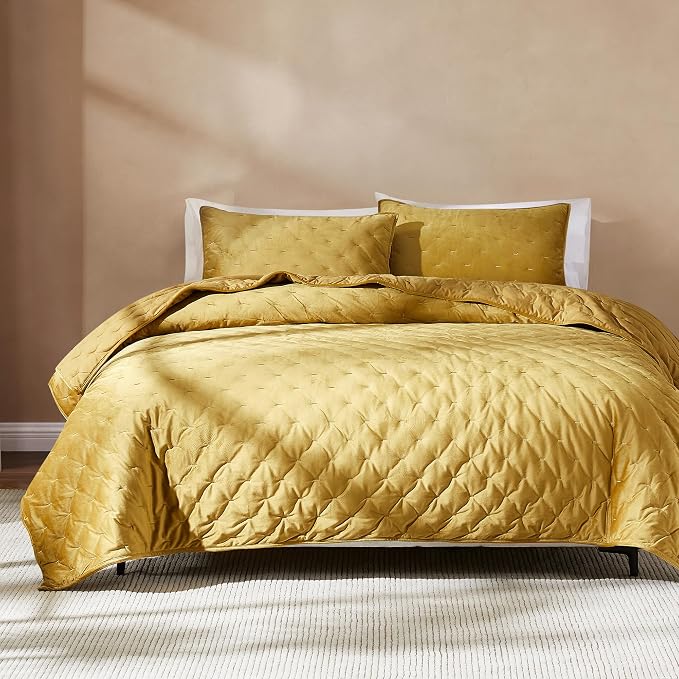 Lush Decor - Quilt Set, 3-Piece Cozy Velvet Bedding with Matching Shams, Embroidered Stitch Design (Haven Mineral Yellow, King/California King)