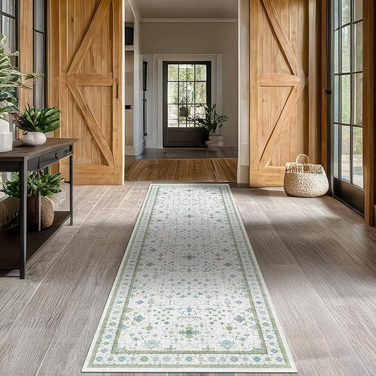 Hazo Haus Oushak 3x12 Wide Hallway Runner Rug - Vintage Turkish Floral, Washable Low Pile Non Slip 12ft Long Runners for Large Kitchen, Hall Way - Light Blue and Green