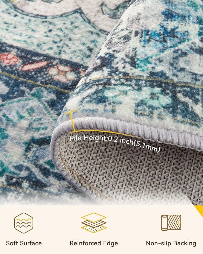 RELEANY Area Rugs Round 10ft Washable Non-Slip, Floral Vintage Distress Medallion Carpet for Living Room Bedroom Dining Room, Green Navy Blue White Red Teal