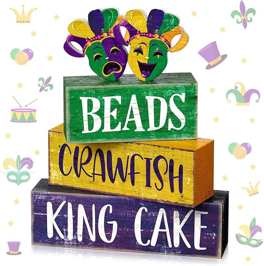 Moucuny 4 Pcs Mardi Gras Table Decorations Wooden Mask Decor Purple Golden Green Carnival Tiered Tray Decor Mardi Gras Centerpieces Decorative Masks Block Signs Gift for Masquerade Party Home Kitchen