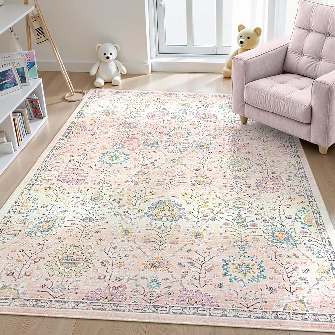 Lahome Pink Rug for Girls Bedroom 5x7, Soft Washable Floral Dorm Rug, Boho Non Slip Pastel Classroom Carpect for Dorm Room, Kids Room, Nursery and Playroom