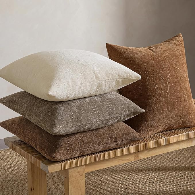 MIULEE Pack of 4 Decorative Throw Pillow Covers 18x18 Inch Brown Chenille Textured Throw Pillows Boho Farmhouse Rustic Cushion Covers for Vintage Modern Home Decor Couch Sofa Bed Living Room