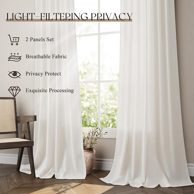 Jowels Natural Linen Curtains 118 Inch Long 2 Panels for Living Room | Ivory Light Filtering Sheer Curtain,Back Tab Pocket Pleated Look,Modern Farmhouse Textured Privacy Drapes for Bedroom Window