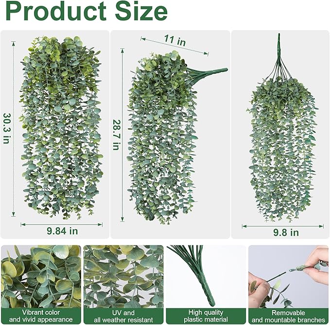 Faux Outdoor Plants Fake Hanging Plants for Outdoors Outside Decorations, 2 Pcs White Faux Eucalyptus Vines Realistic UV Resistant Artificial Greenery for Planters Porch Garden Yard Front Door Patio