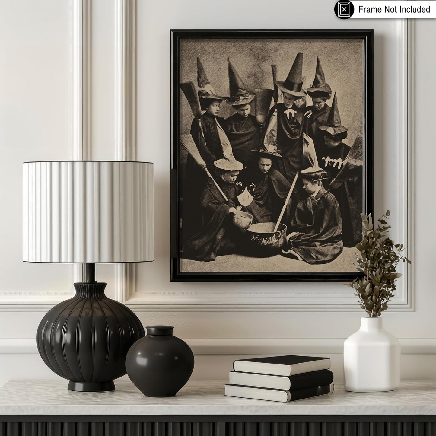 Poster Master Vintage Photograph Poster - Retro Halloween Print - Gift for Artist, Friend - Witches Cooking, Pointy Hats, Broomsticks, Black Magic - Wall Decor for Bedroom, 18x24 Unframed Wall Art