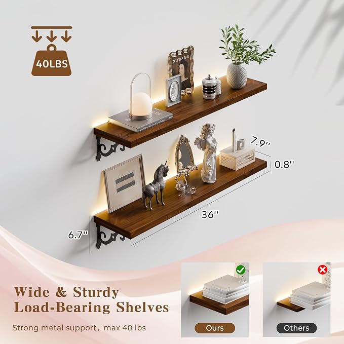 36 Inch 2 Tier Solid Wood Floating Shelves with LED Light, Metal Brackets | 36 inch solid pine shelves, 2 tier, warm LED light, walnut finish, metal brackets for books and decor