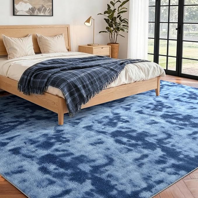 FinRèc 5x7 Washable Area Rugs for Bedroom Living Room, Low Pile Thin Ultra Soft Shag Rug, Non-Slip Carpet Indoor for Home Decor (Tie-dye Teal)