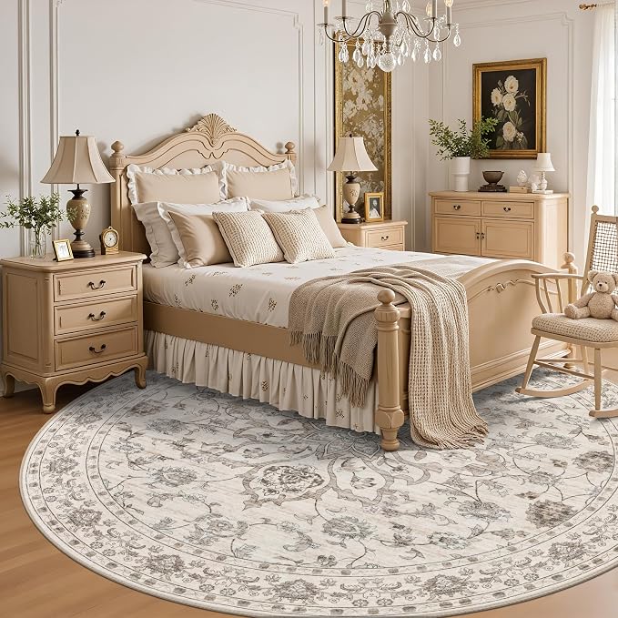 Round Area Rug for Living Room: 4 ft Washable Vintage Boho Soft Thin Circle Rug Indoor Floor No Slip Stain Resistant Carpet for Bedroom Dining Room Farmhouse Nursery Home Office - Brown Beige