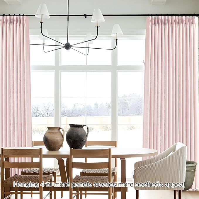 Light Pink Pinch Pleated Linen Curtains 96 Inches Long for Girls Bedroom Living Room, Light Filtering Pleat Drapes Textured Thick Blush Semi-Sheer Window Curtain with Hooks for Nursery, 2 Panels