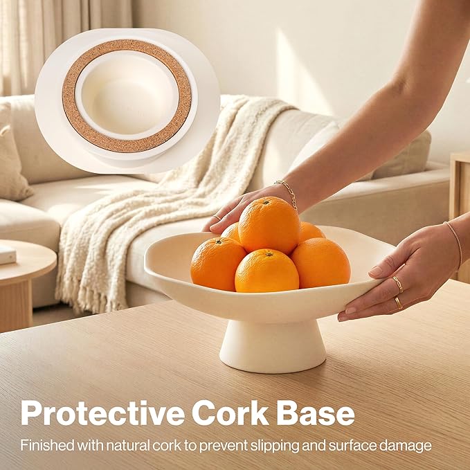 EDELHAUS Modern Concrete Fruit Bowl for Kitchen Counter – Cream White Decorative Pedestal Bowl, 11.2” Wide Minimalist Fruit Tray for Home Décor, Table Decor, Entryway Key Bowl