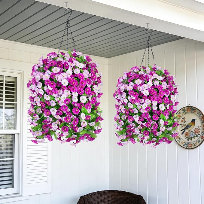 INXUGAO Artificial Flowers with Hanging Basket, Outdoor Faux Plants Silk Morning Glory Vines, Fake Green Arrangement for Garden Patio Spring Summer Decor(4pcs,Darkorchid)