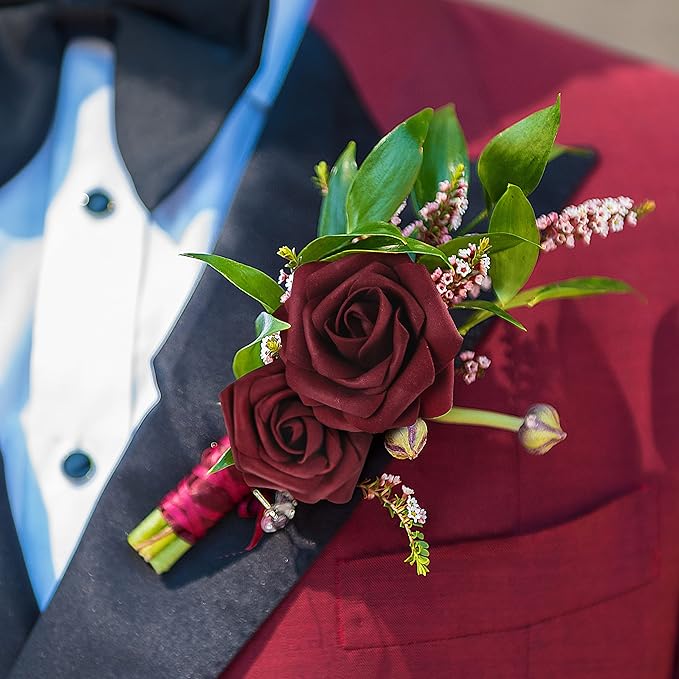 Mocoosy 50Pcs Burgundy Roses Artificial Flowers, Burgundy Fake Rose for Decoration, Real Touch Foam Rose Bulk with Stem DIY Wedding Bouquet Bridal Shower Mother's Day Floral Arrangement Party Decor